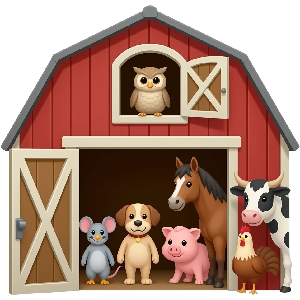 Not hybrids. animals inside the barn like have: bottom door: Duck, mouse, dog, horse, sheep, chicken, donkey, pig, goat, cat, rooster, rabbit, and llama. Top door: owl. Outside the door: Turkey and cow emoji