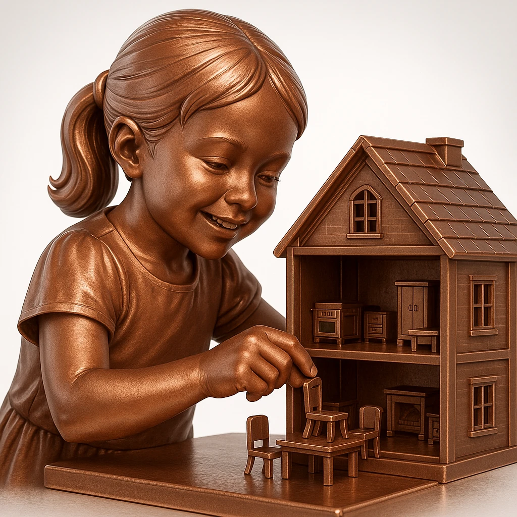 smiling girl arranging furniture in doll house emoji