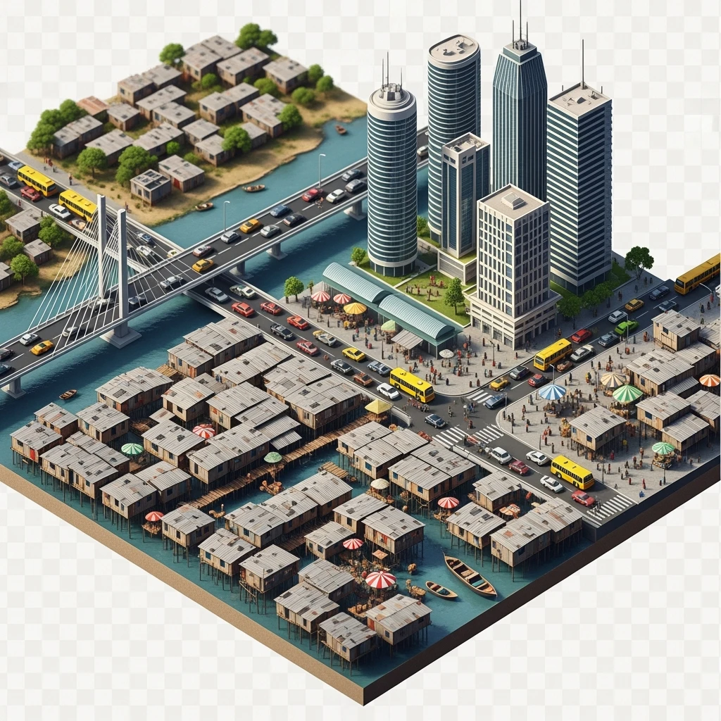 Isometric miniature of Lagos Lekki-Ikoyi Bridge, Eko Atlantic skyscrapers, Makoko slums, tin-roof shacks, chaotic markets, gridlocked traffic, 3D miniature effect and Tilt Shift effect, no cartoonish look, transparent background, don't cut angles emoji