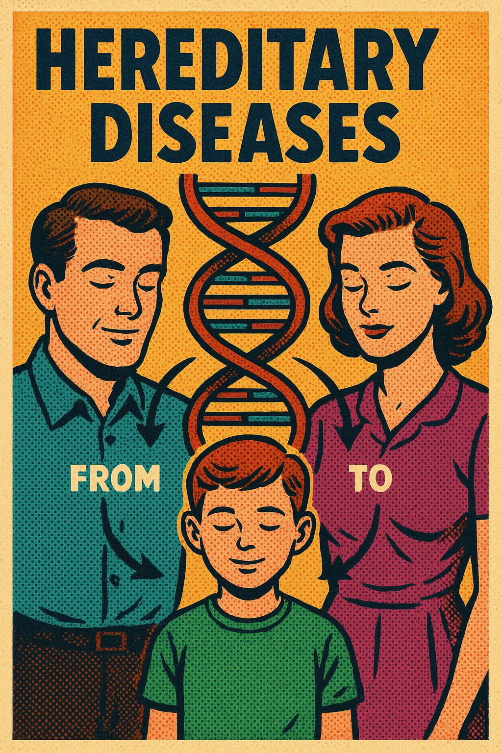 A poster showing how hereditary diseases are passed down through DNA from parents to their child all looking calm emoji