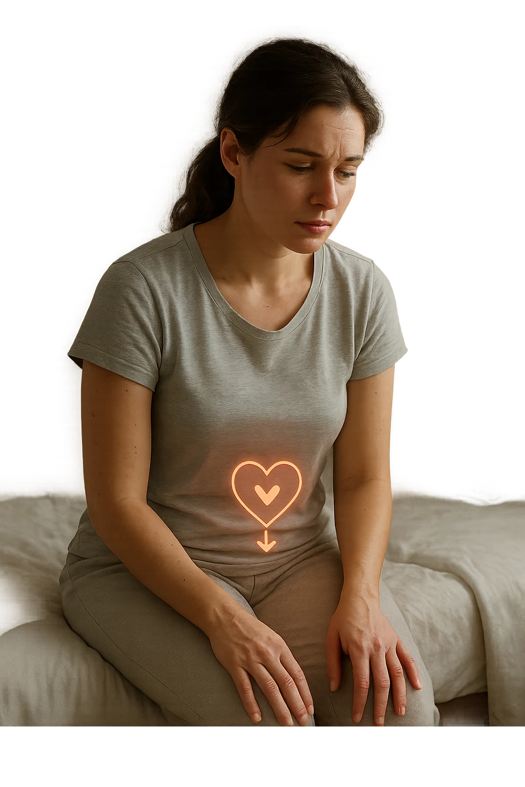 3D realistic medical illustration: a young woman in her 20s or 30s sits on the edge of a bed in a softly lit bedroom, looking thoughtful and slightly concerned. She wears comfortable loungewear, her posture is slouched, and her expression is subdued. Subtle visual cues—such as a faded calendar with missed menstrual cycles and a dimmed heart or energy icon near her abdomen—symbolize low libido and amenorrhea. The scene is realistic, intimate, and empathetic. emoji