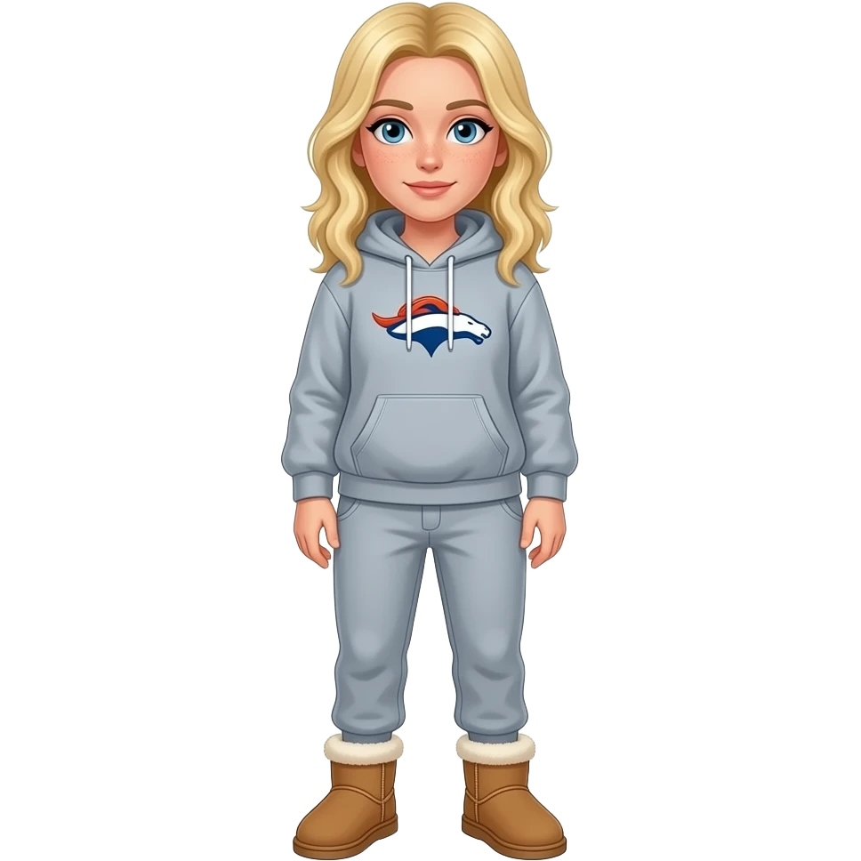 I have blonde hair with sweat pants and a bronco hoodie on with blue eyes and freckles wearing uggs emoji