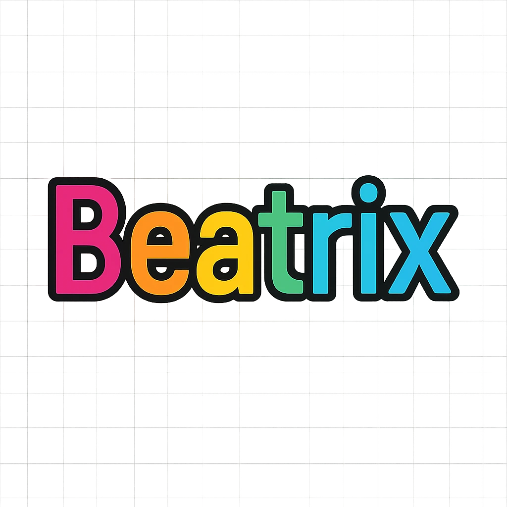 Beatrix name in colorful gradient modern font with dark outline, transparent background, in the style of sample images emoji