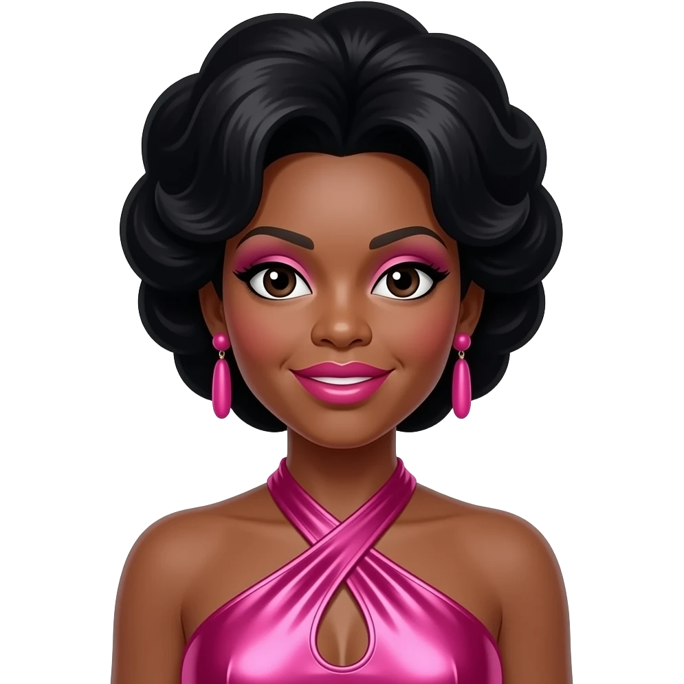Diana Ross from The Supremes with dark brown eyes, black beehive hair, pink eyeshadow, hot pink lipstick, hot pink metallic halter dress, pink earrings emoji