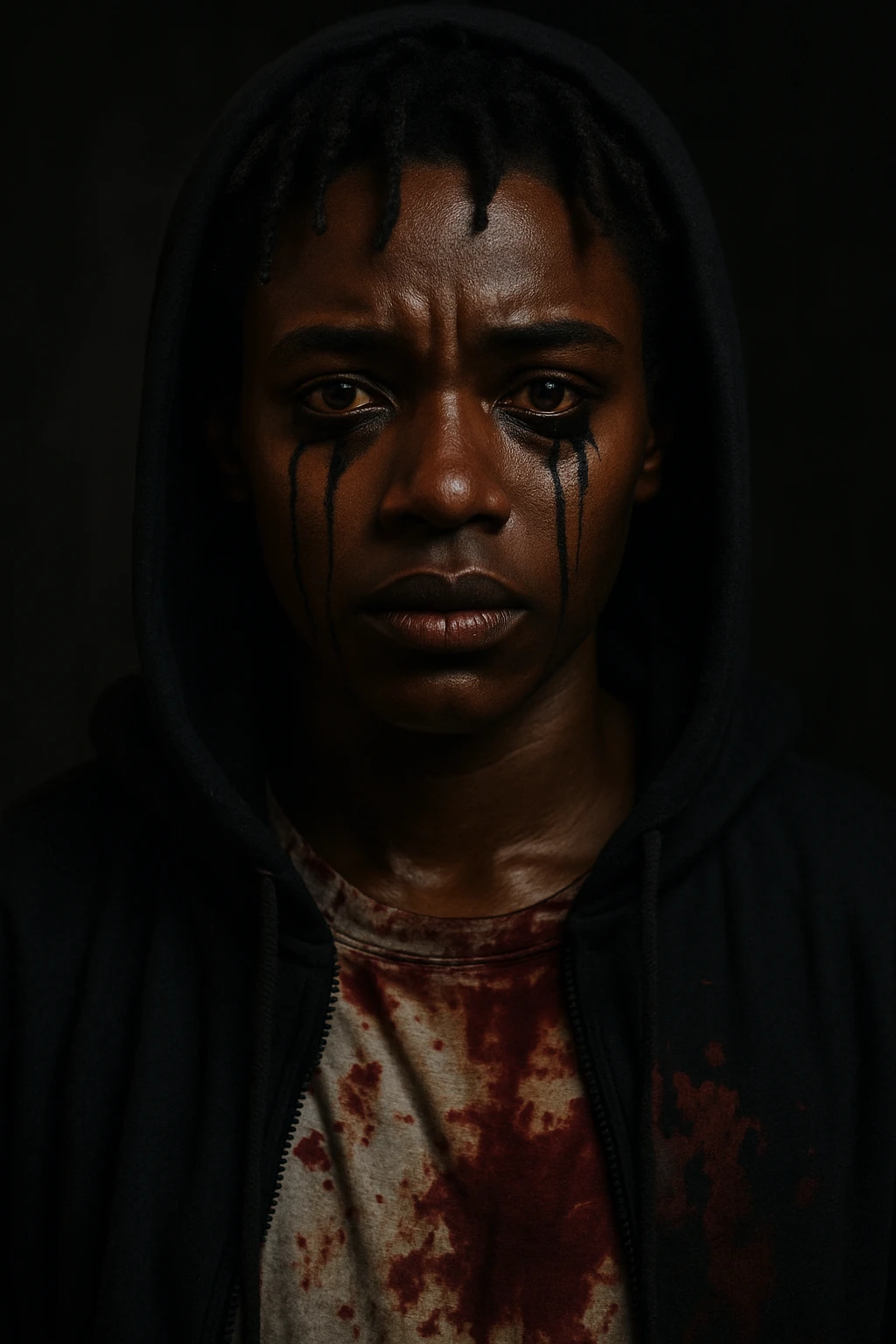 A dark-skinned individual with short dreads, black mascara running from brown eyes, wearing a black hoodie and a shirt with blood on it. emoji