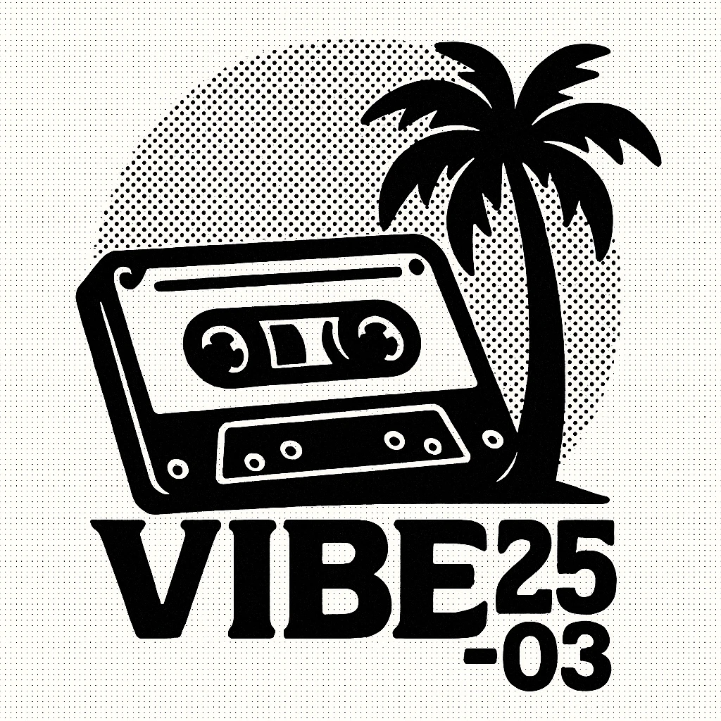 logo for VIBE25-03, black and white, 80's summer, retro style, cassette tape, palm tree silhouette, minimal emoji