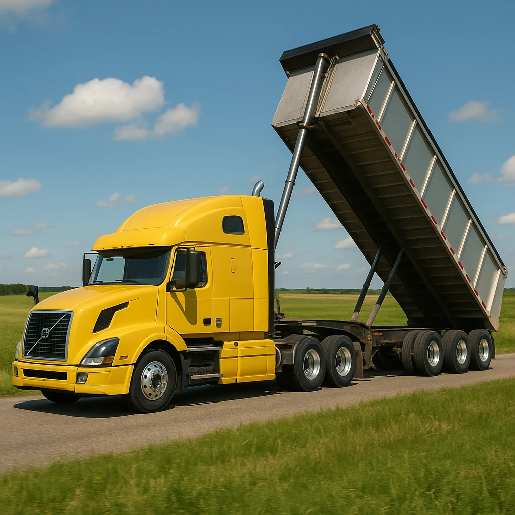 ultra-realistic Volvo yellow semi sleeper truck and silver end dump trailer, trailer tilted up as if dumping, driving left through a photorealistic countryside with grassy fields and blue sky emoji