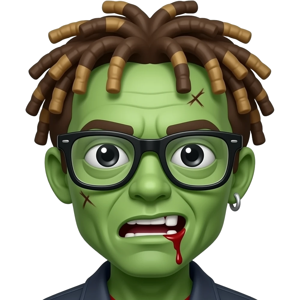 ow quality, green skin zombie, all black eyes, brown and blond short dreadlocks 3c type hair, mouth slightly open with blood and scars on head, lunette noir, boucle d'oreille diamant emoji