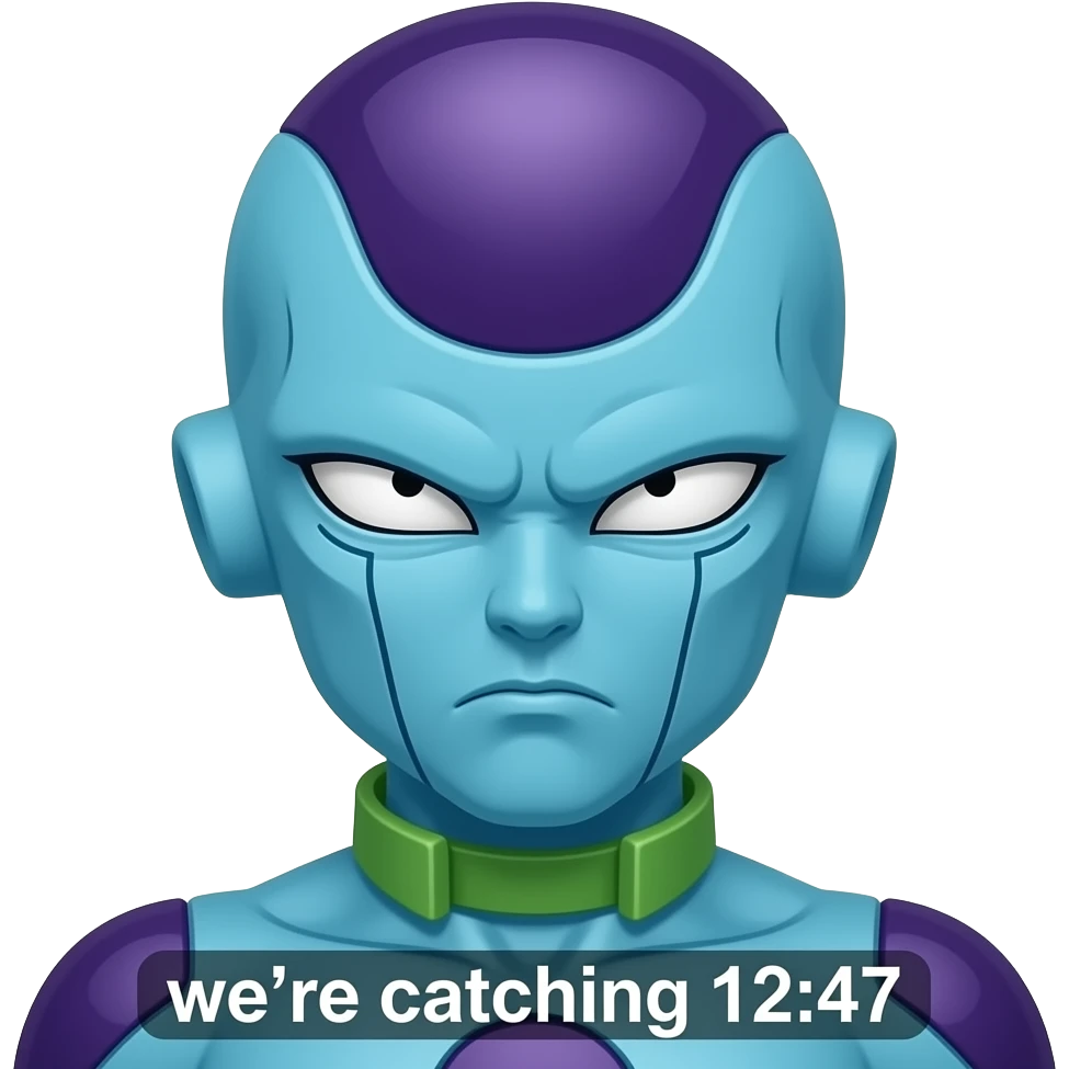 Keep this frieza emoji the exact same just change the text to “we’re catching 12:47 “ emoji