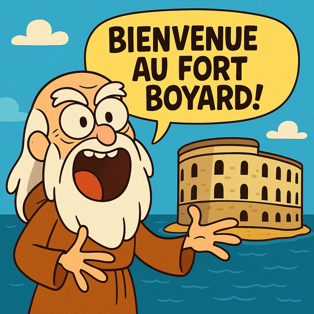 Père fouras  de fort boyard qui cri bienvenue au fort boyard // style enfantin dessin animé cartoons américain style gumball emoji