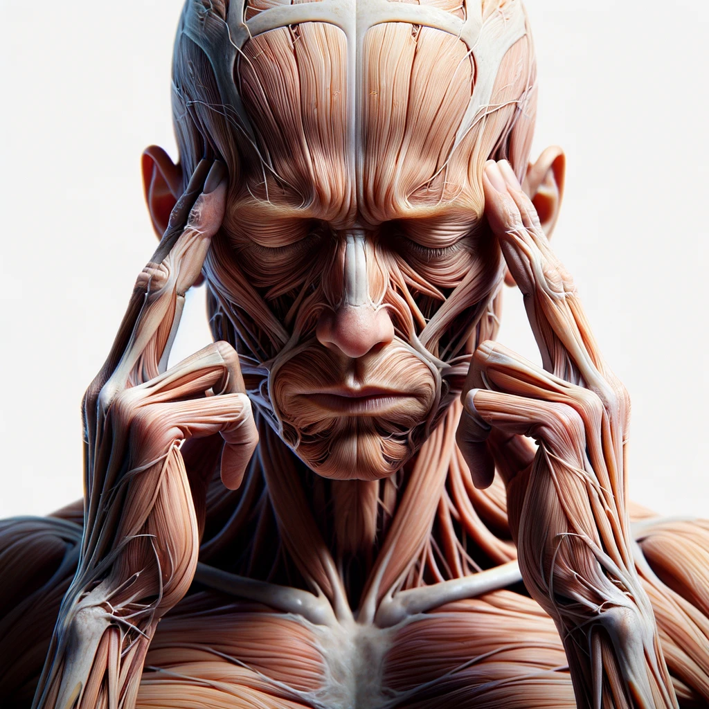corpo umano anatomico con espressione stanca e stressata in volto, si tiene le dita sulle tempie per calmare il mal di testa, iperrealistico 4k, isolato su sfondo bianco emoji