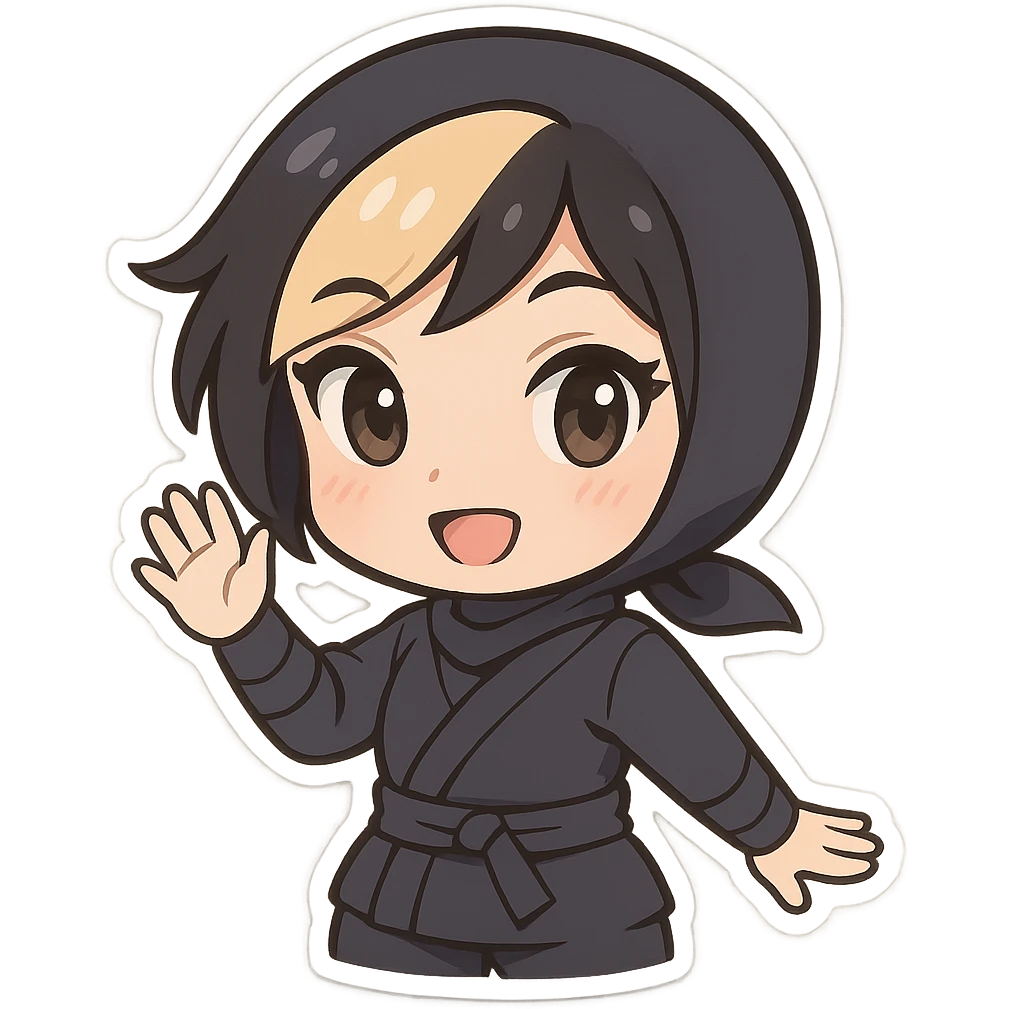 Chibi ninja girl with black short hair and a blonde streak, big head, small body and arms, not overly round or infant-like, cute and playful, anime-style face with large expressive eyes, small nose and mouth, subtle blush, hand fully raised, waving to the left, smiling, pastel colors, soft shading, clean outlines, no mask, transparent background, face looks sexy with slightly parted lips, confident gaze, longer lashes, subtle contouring, for animation frame 3 emoji