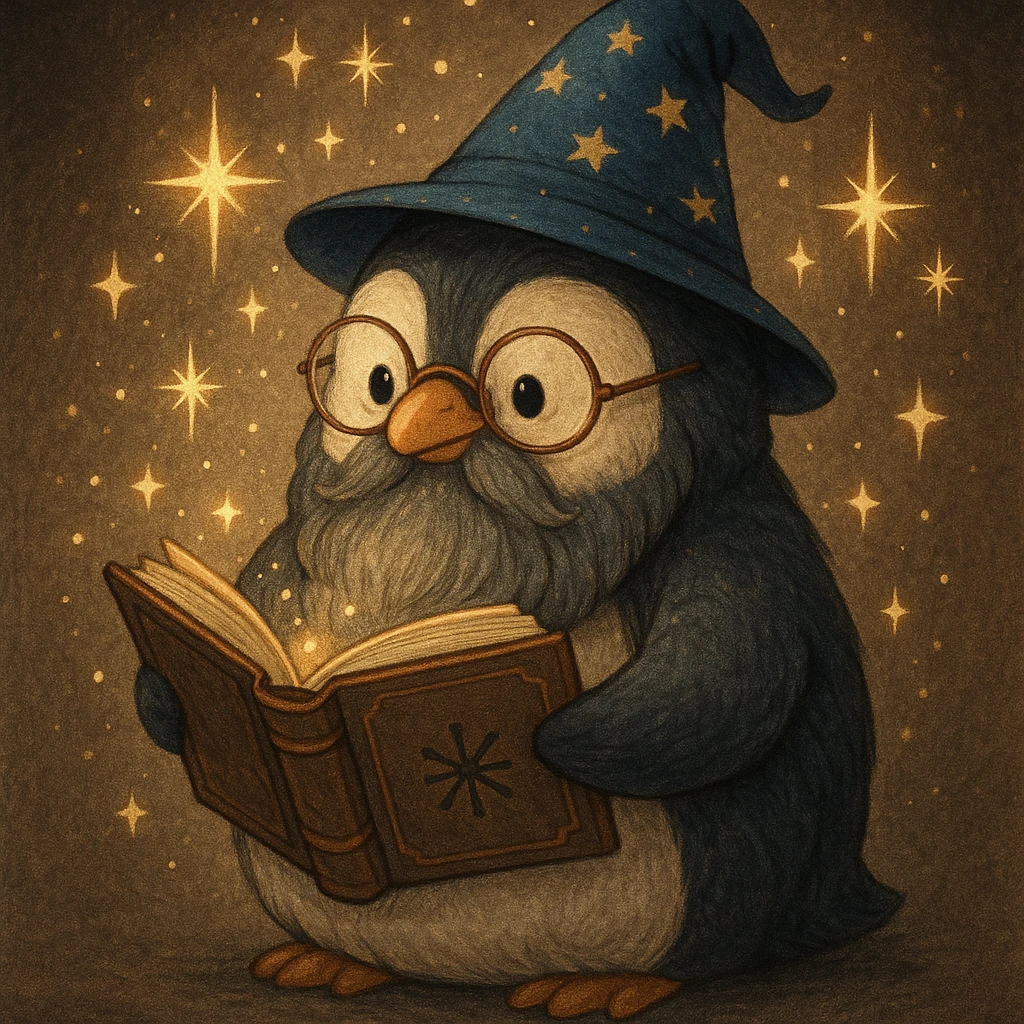 A chubby penguin wizard with glasses, a long beard, and a spellbook, surrounded by sparkles. emoji