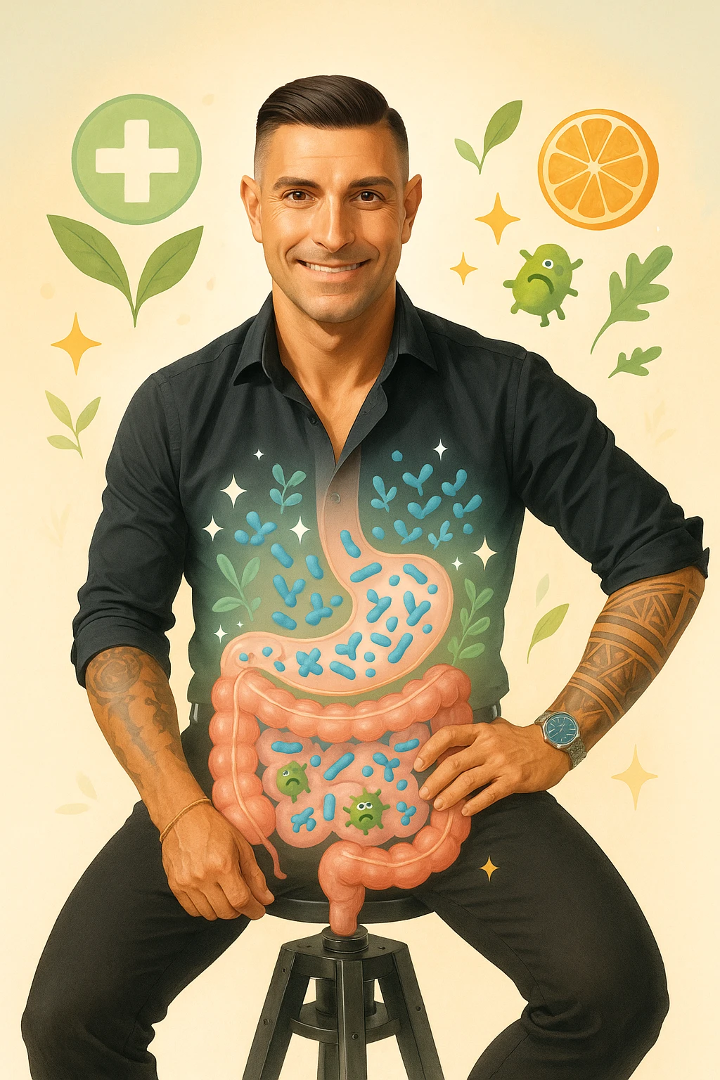Verticale: uomo in posa sicura, illustrazione trasparente di intestino con parassiti che vengono eliminati e batteri buoni che si moltiplicano, atmosfera di equilibrio e benessere. emoji