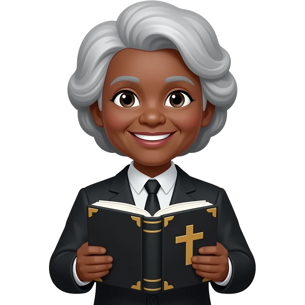 wise old woman with greying black hair no tie black skin smile with book that has a cross on it emoji
