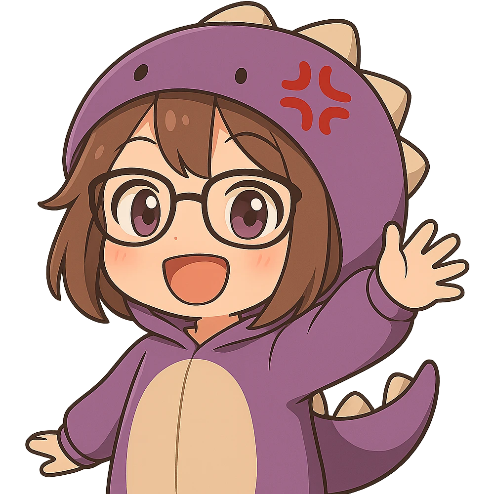 Chibi anime style gamer girl with glasses, brown hair, dark purple eyes, wearing a purple dinosaur costume, waving pose, happy expression, no controller, no background, same style as reference. emoji