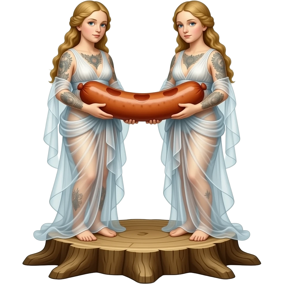 cinematic realistic - The ethereal tattooed Venuses of Lucas Cranach and Sandro Botticelli hold a huge sausage together, stand on a large stump, their bodies wrapped in a flowing, transparent veil. emoji