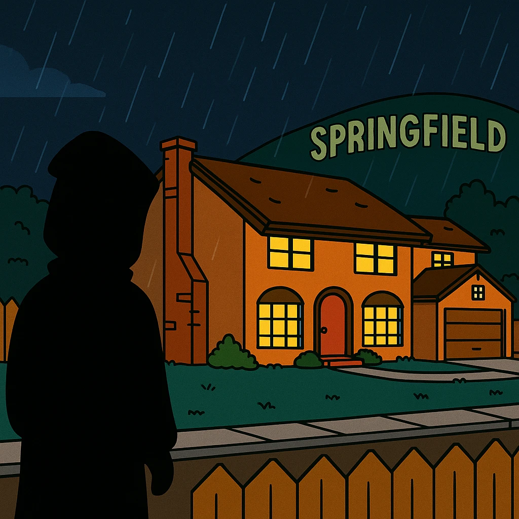 Springfield sous la pluie, la nuit. Une silhouette encapuchonnée observe la maison des Simpson. emoji