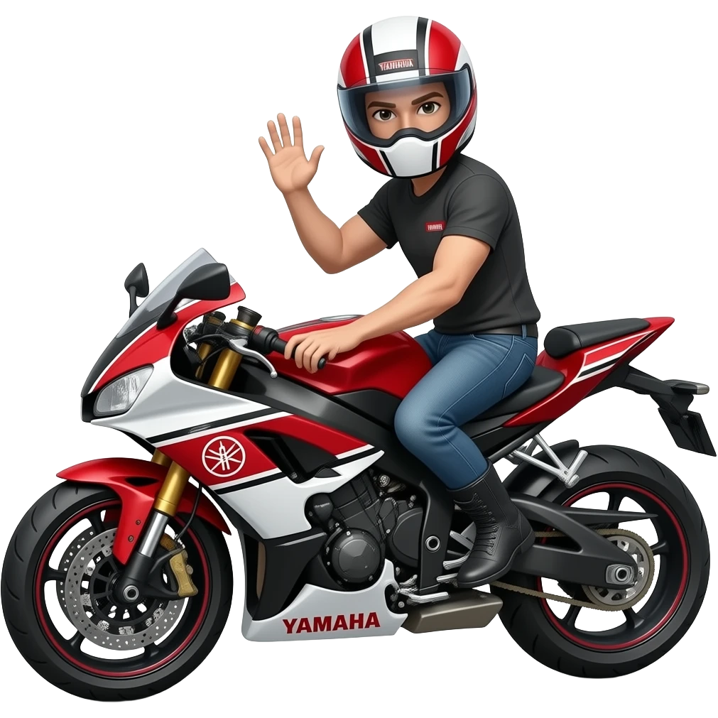 Man on Yahama T7 motorcycle red black and white waving emoji