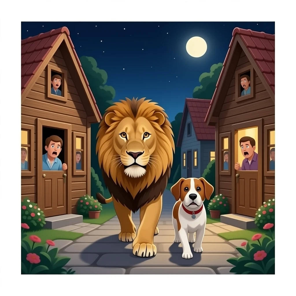 quiero que en un pueblo este un leon y un perro andando porel pueblo y que las persoans esten en las casas con madera en la puerta como en las peliculas de zombiespero las personas asustadas emoji