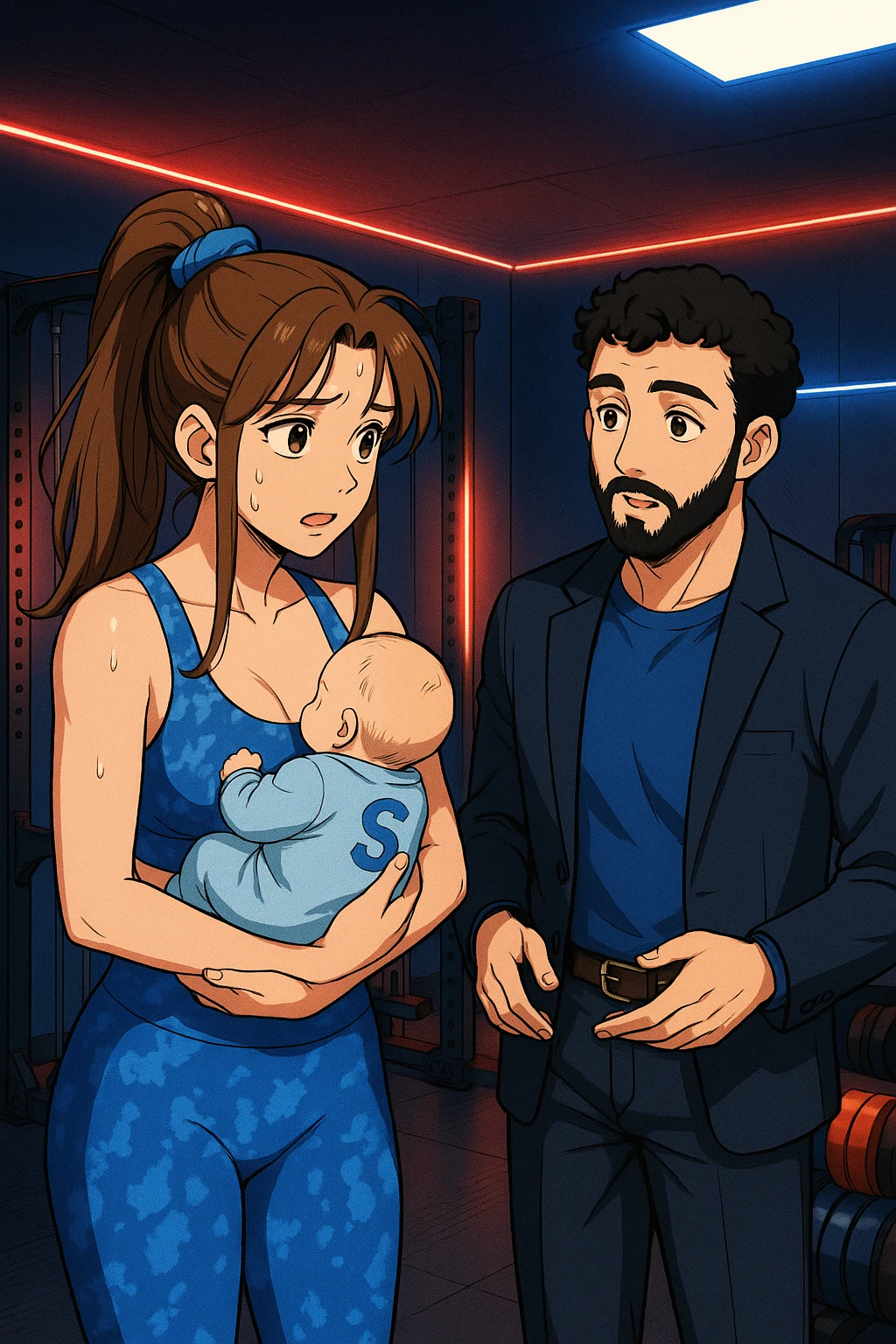 ispirati a questo stile di disegno e fai questa immagine in versione manga/webtoon a colori, il manga mostra la donna preoccupata con un neonato in braccio con una tutina azzurra e la scritta "S" sulla schiena, la donna gli sta facendo una domanda all'uomo, ma non fare i fumetti, fai come se stessero parlando emoji