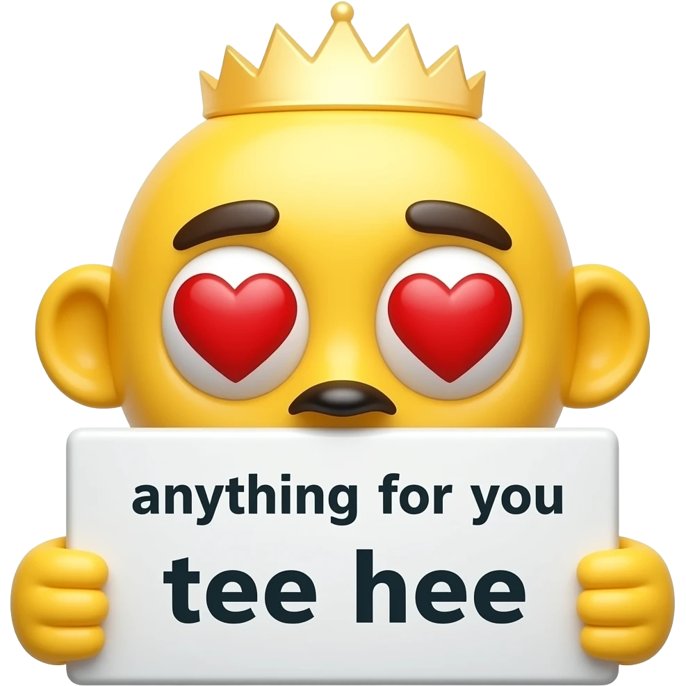 Yellow smiley in love holding up a sign sign that says "anything for you tee hee" Minios emoji