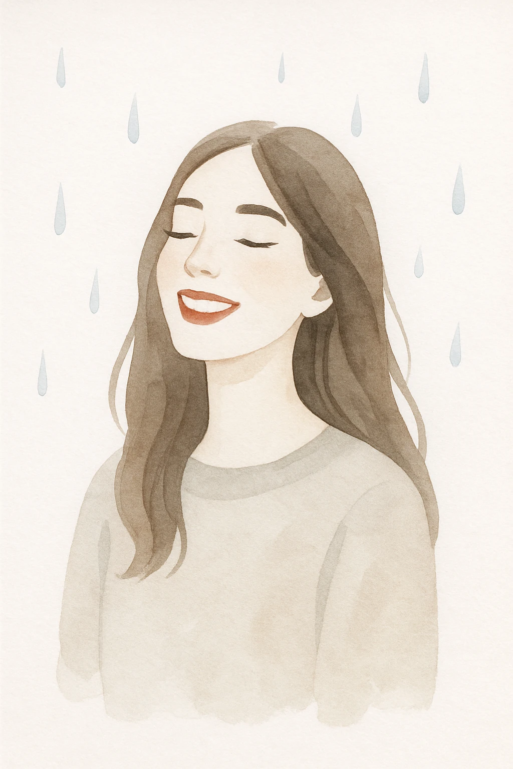 white woman with long brown hair and brown eyes, wearing a sweater, smiling in the rain, with long eyelashes and red lips, in a soft watercolor style emoji