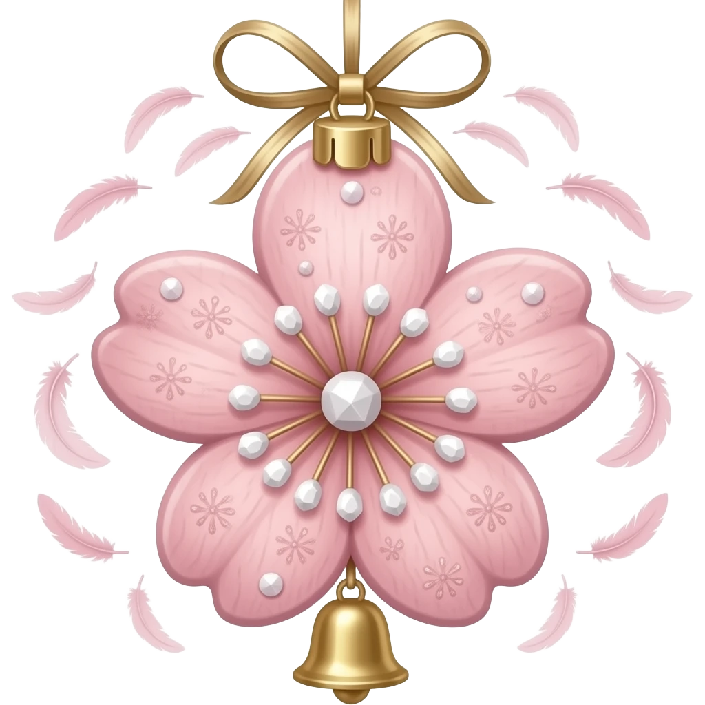 Hanging pastel Sakura-pink white-wooden gold crystals white-pearly ornament with a tiny cute gold bell and many tiny feathers emoji