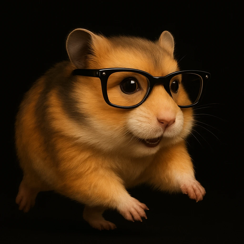 Create an image of a mature, modern, semi-realistic hamster wearing cool glasses, matching the style of the reference image. The hamster should be running energetically on a solid black background, not overlapping with other elements. emoji