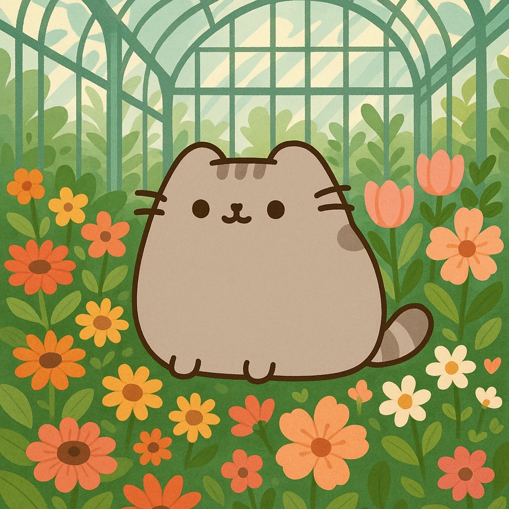 scottish fold pusheen cat surrounded by flowers in a botanical garden greenhouse emoji