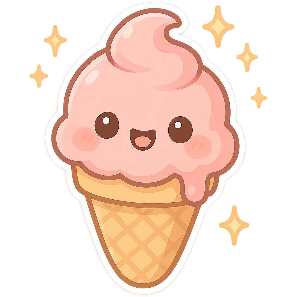 chibi sticker-style ice cream cone with sparkles, cute and exaggerated emoji