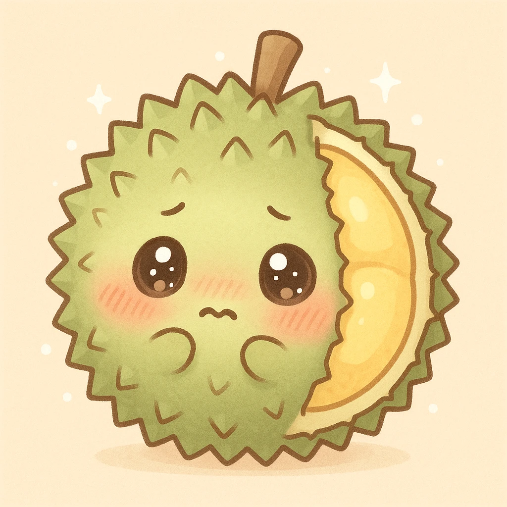 adorable chibi durian, round shape, green spiky shell, yellow flesh, blushing cheeks, shy with sparkly eyes, pastel tones emoji