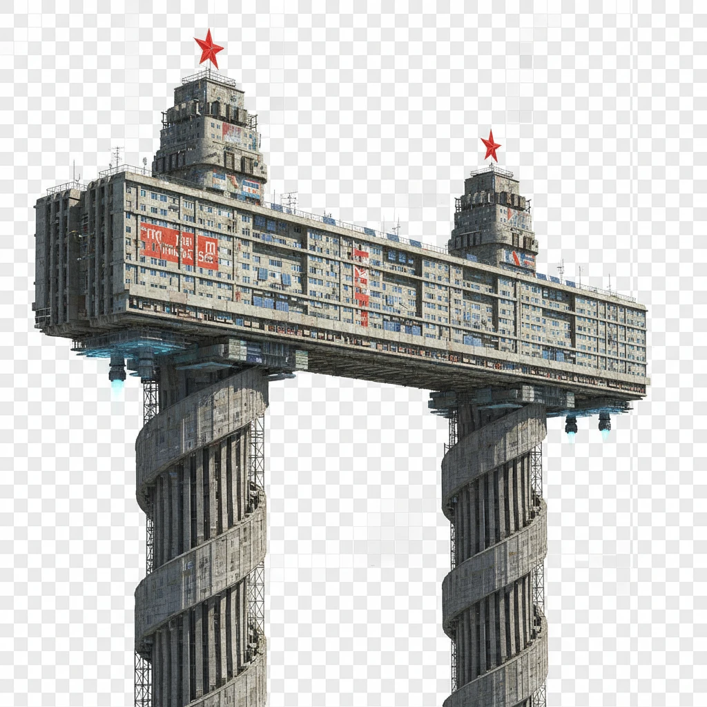 Удлиненная панелька-небоскреб, если бы ее строили в позднем СССР в 2025 году. Стоит на двух высоких небоскребах, которые как опоры держат ее на себе.

Фотореализм. Абсолютно прозрачный фон emoji