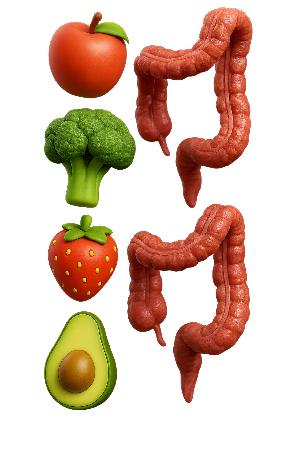 emoji stile iphone in 3d di cibo sano che fluttua in aria vericalmente insieme a pezzi di colon umano anatomico, iperrealistico 4k emoji