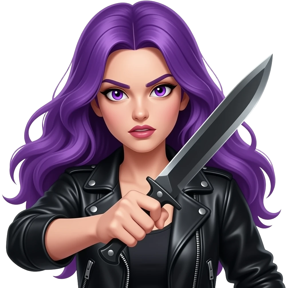 sexy girl with long purple hair and purple eyes is attacking with a knife emoji
