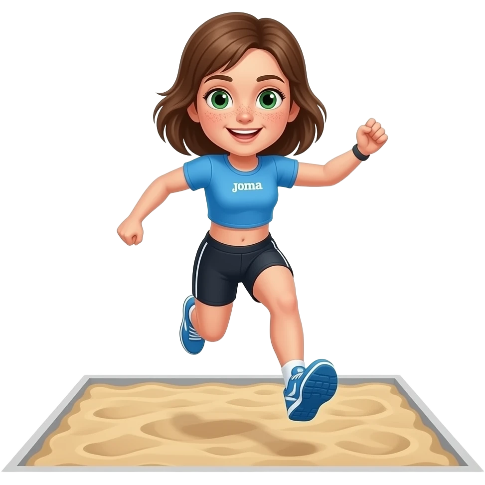 Ahora AZ una chica q sea con pecas por la nariz con los ojos verdes y marrones el pelo medio largo con un top azul y unos pantalones cortos negros de Joma cortos y q esté haciendo longuitud de prueba de atletismo y q se vea el foso de la arena saltando encima emoji