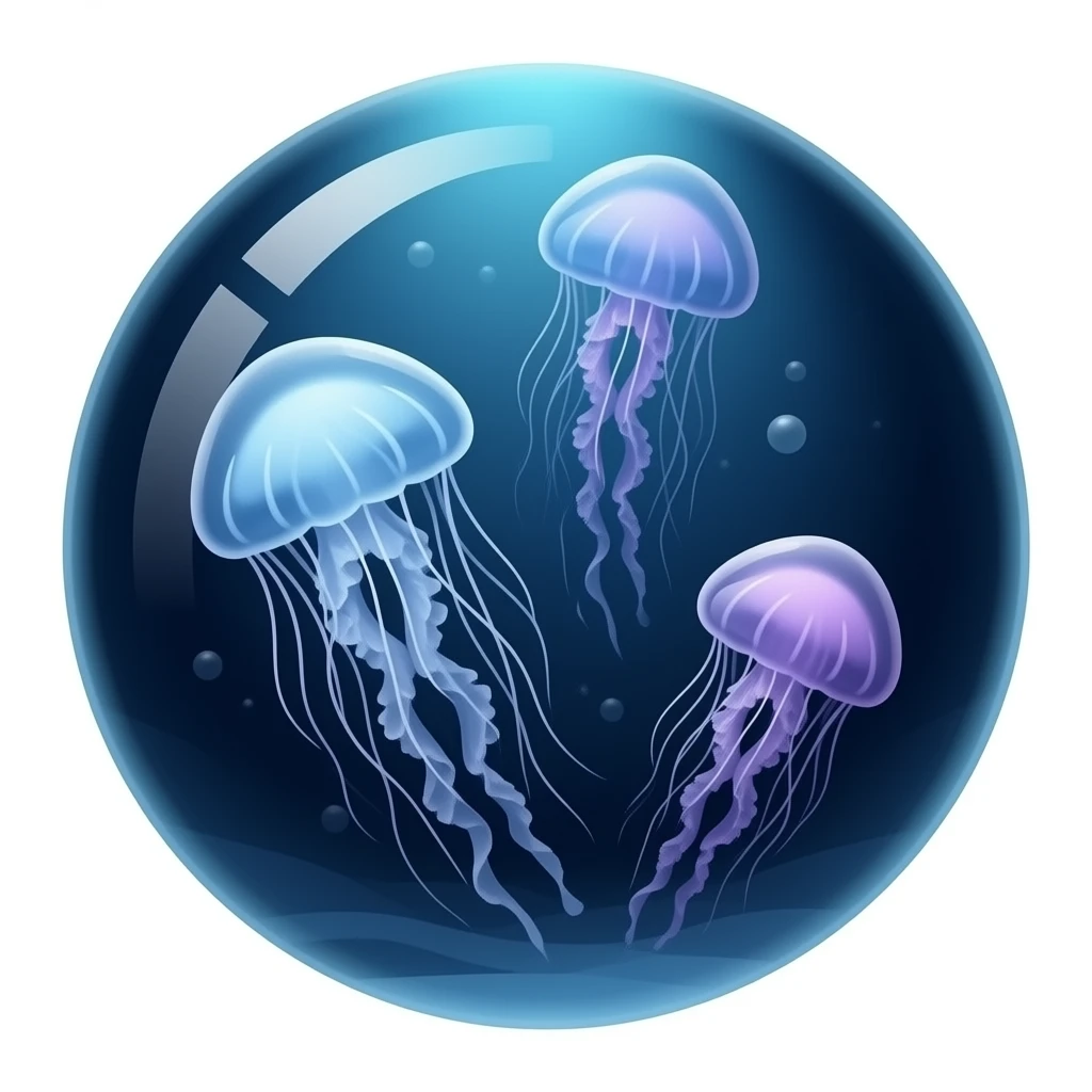 Big three jellyfish in a round aquarium swimming blue purple Colors light (dark water) emoji