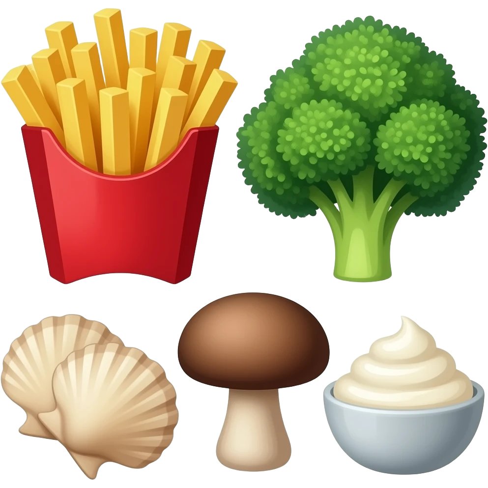 Realistic sweet potato fries, kale, scallops, mushrooms and sour cream emoji