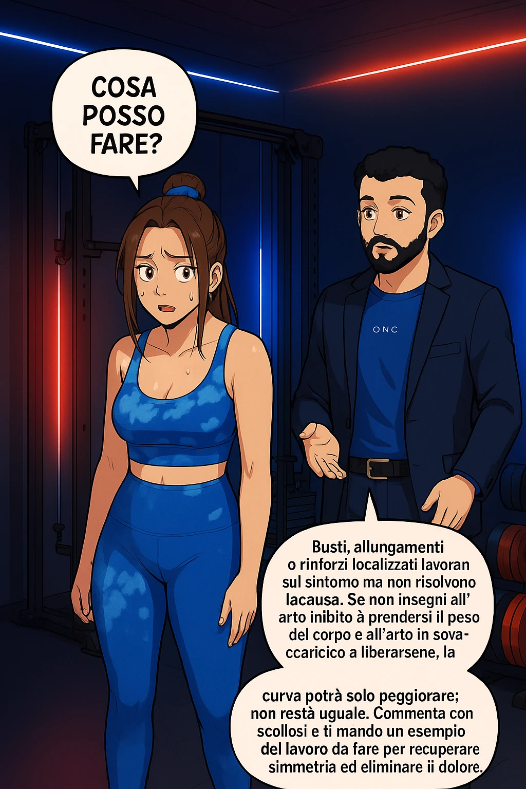 ispirati a questo stile di disegno e fai questa immagine in versione manga/webtoon a colori, il manga mostra la donna preoccupata che chiede: "COSA POSSO FARE?" E L'UOMO CHE RISPONDE: Busti, allungamenti o rinforzi localizzati lavorano sul sintomo ma non risolvono la causa. Se non insegni all’arto inibito a prendersi il peso del corpo e all’arto in sovraccarico a liberarsene, la curva potrà solo peggiorare; non resta uguale. Commenta con scoliosi e ti mando un esempio del lavoro da fare per recuperare simmetria ed eliminare il dolore. emoji