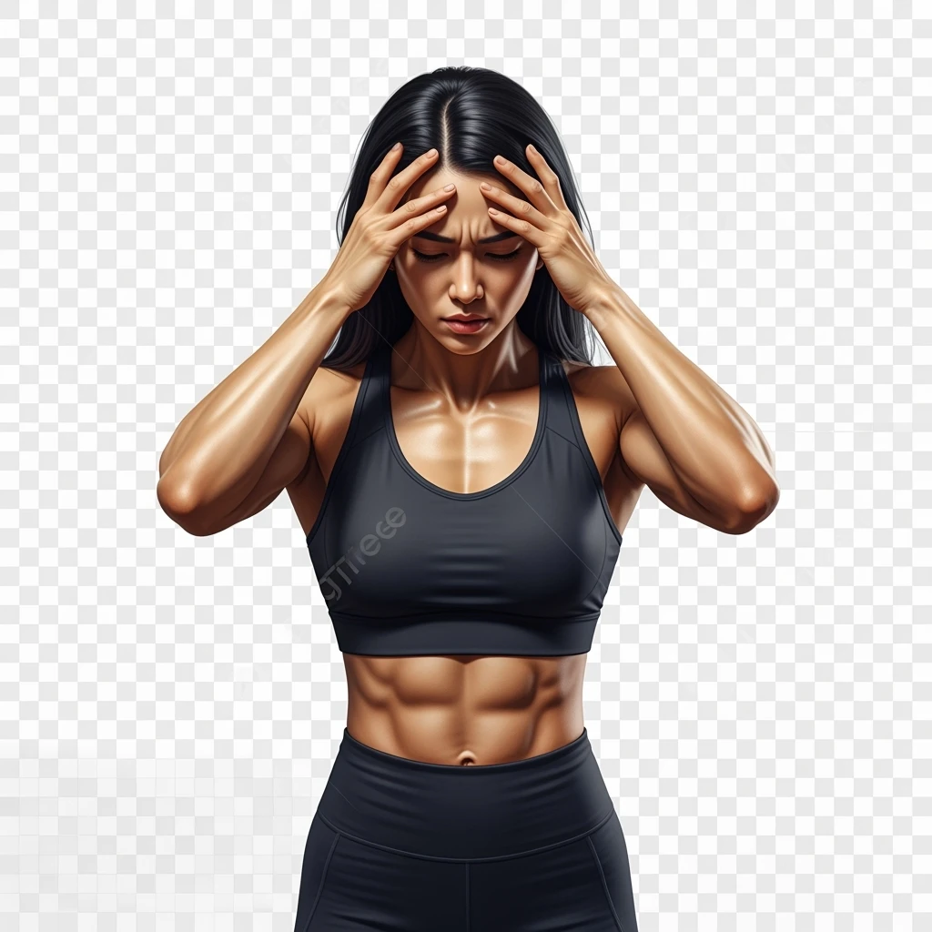 DONNA FITNESS STRESSATA CHE SI TIENE LE MANI SULLA FRONTE, IPERREALISTICA 4K, SENZA SFONDO emoji