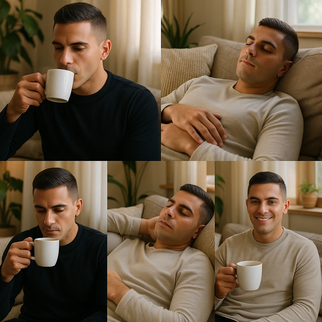 Create 5 variants of an adult man inspired by the face in the reference photo. The man is drinking coffee in some images and lying down for a 20-minute afternoon nap to regain energy in others. The setting is relaxed with natural light and a wellness atmosphere. Focus on a calm, peaceful mood with natural lighting and a cozy environment. emoji