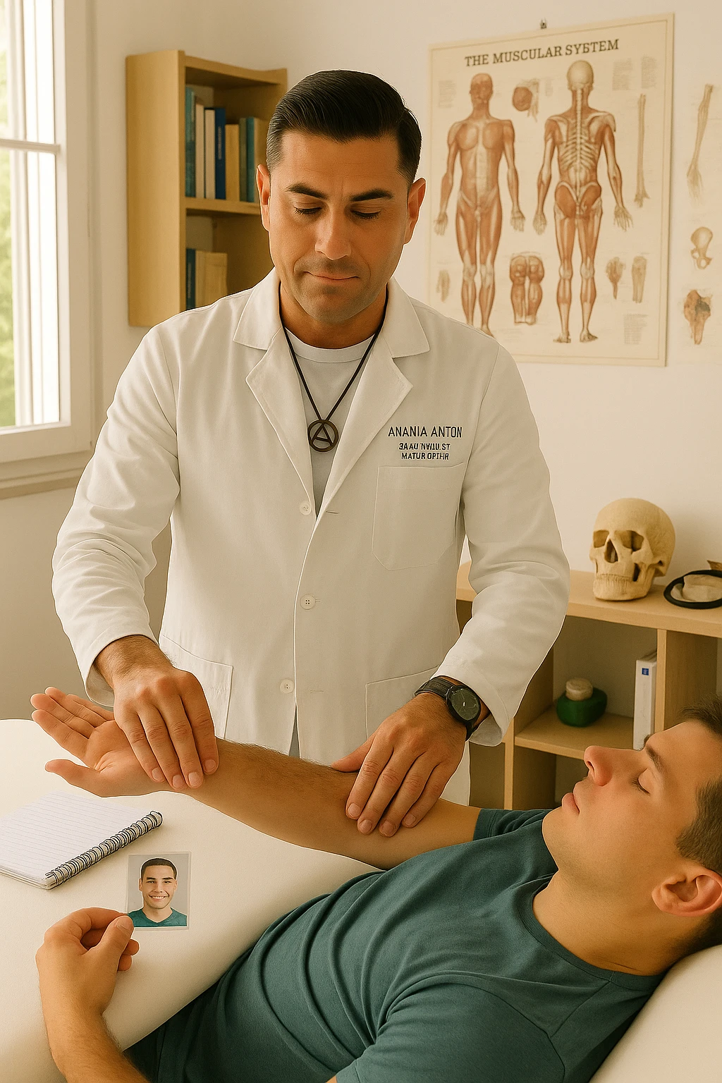 a middle-aged man, dressed in casual professional attire, is in a bright, organized therapy studio. Durante una visita di kinesiologia, il praticante tiene con una mano la foto di una persona lontana (il “testimone”) appoggiata su un tavolo, mentre con l’altra mano esegue un test muscolare su un cliente presente. Sullo sfondo si vedono libri di kinesiologia, poster anatomici e strumenti tipici della disciplina. L’atmosfera è concentrata e serena, con luce naturale che entra dalla finestra, sottolineando l’aspetto alternativo e umano della pratica. emoji