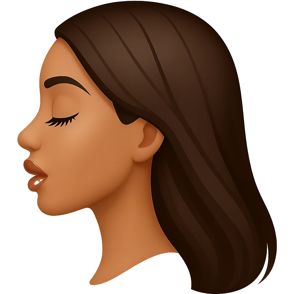 Create a side view (profile) of this woman's head in the normal iPhone emoji style, with closed eyes, long eyelashes, an open mouth, smooth shading, no outlines, long dark hair, and glossy lips with visible lip gloss. This is variant 4. emoji
