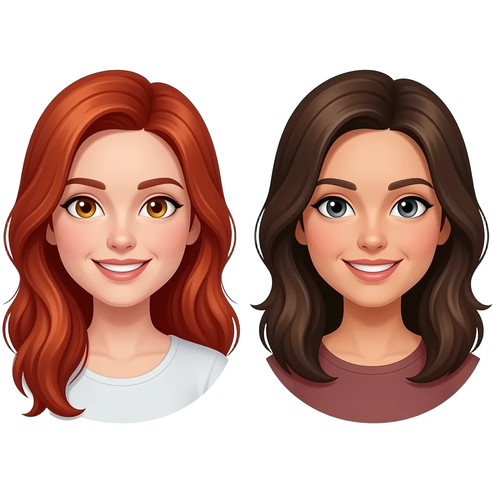 smiling lady with long red hair and honey eyes, and a lady brunette with black eyes emoji