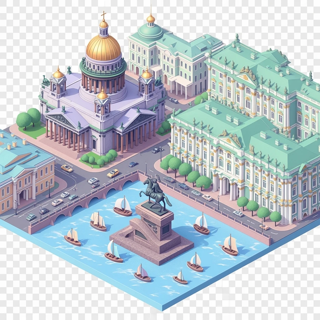Isometric illustration of Saint Petersburg with the Saint Isaac’s Cathedral, the photorealistic Winter Palace, and the Bronze Horseman statue, toy boats and bridges, in pastel miniature diorama style, transparent background emoji