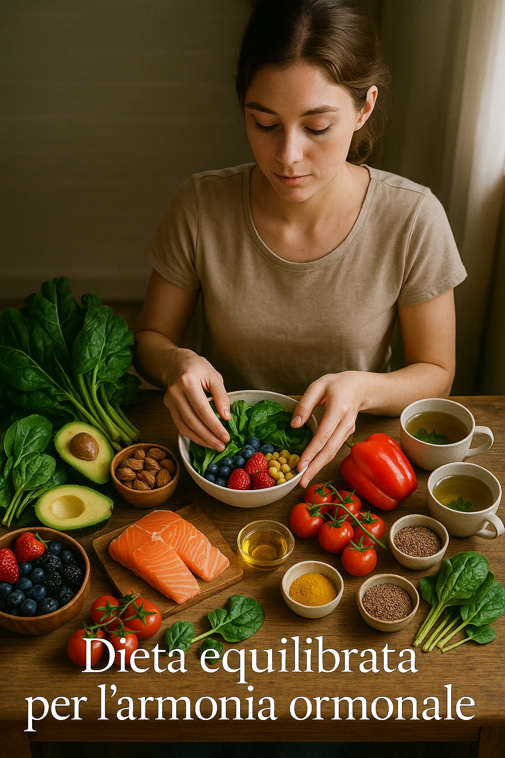 A realistic, cinematic flat-lay image of a clean wooden kitchen table filled with fresh, colorful whole foods known to help reduce androgen excess naturally. The table includes leafy greens like spinach and kale, avocados, berries, colorful vegetables, nuts, seeds (chia and flaxseeds), wild-caught salmon, and herbal teas, carefully arranged in an aesthetically pleasing, organized manner. A small glass bowl with olive oil and another with turmeric powder are included, emphasizing anti-inflammatory properties. In the scene, a young woman with clear, healthy skin and a calm expression is preparing a bowl with these ingredients, symbolizing a hormone-balancing diet. Warm, natural daylight streams in, creating a cozy and inviting atmosphere. The style is hyper-realistic 35mm photography, with vibrant yet soft colors, showcasing textures of the fresh produce and the peaceful vibe of using nutrition to support hormonal balance in italiano emoji