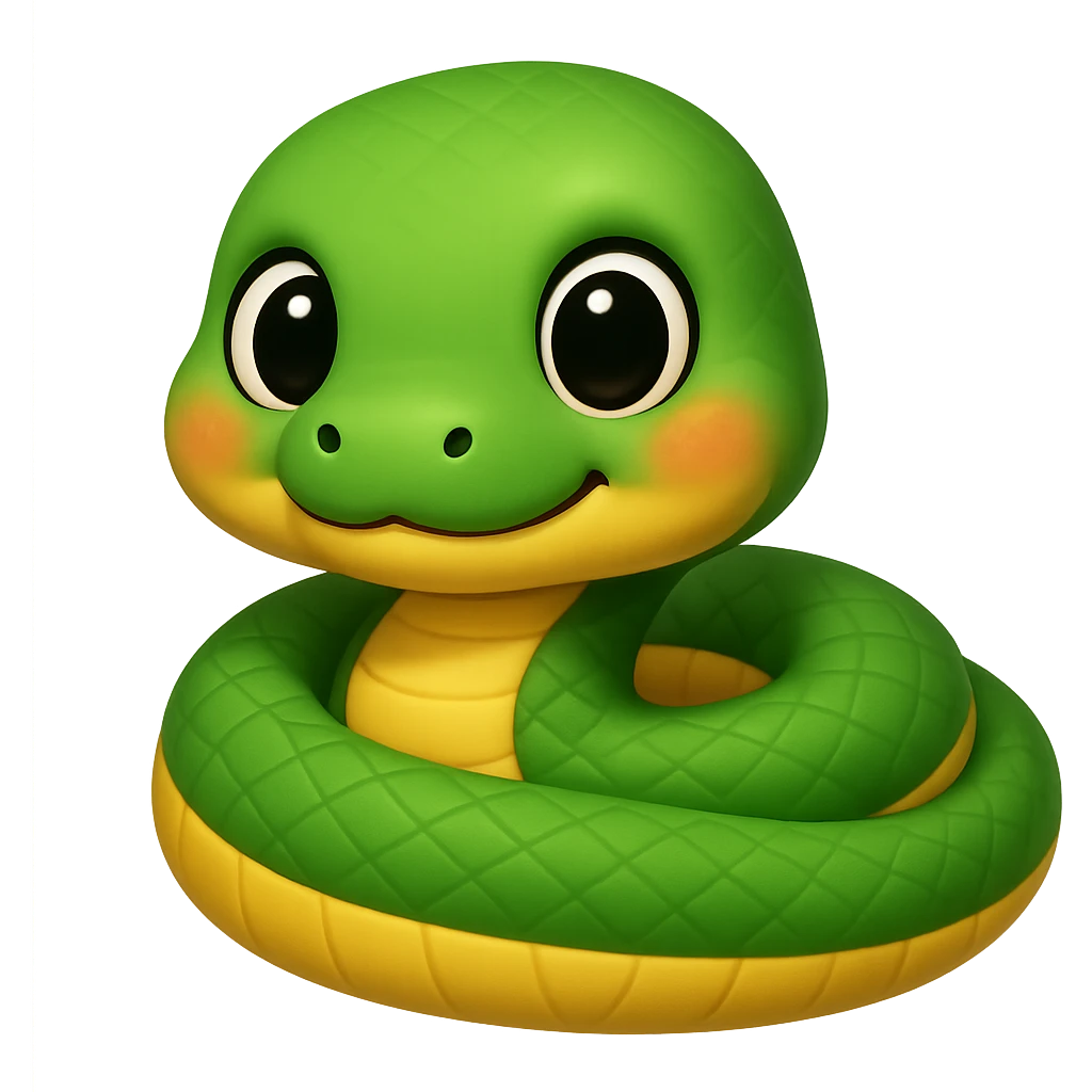 Make the baby anaconda look even younger and cuter, with a rounder face, bigger eyes, and a smaller body, in a simple and adorable emoji style, no background. emoji
