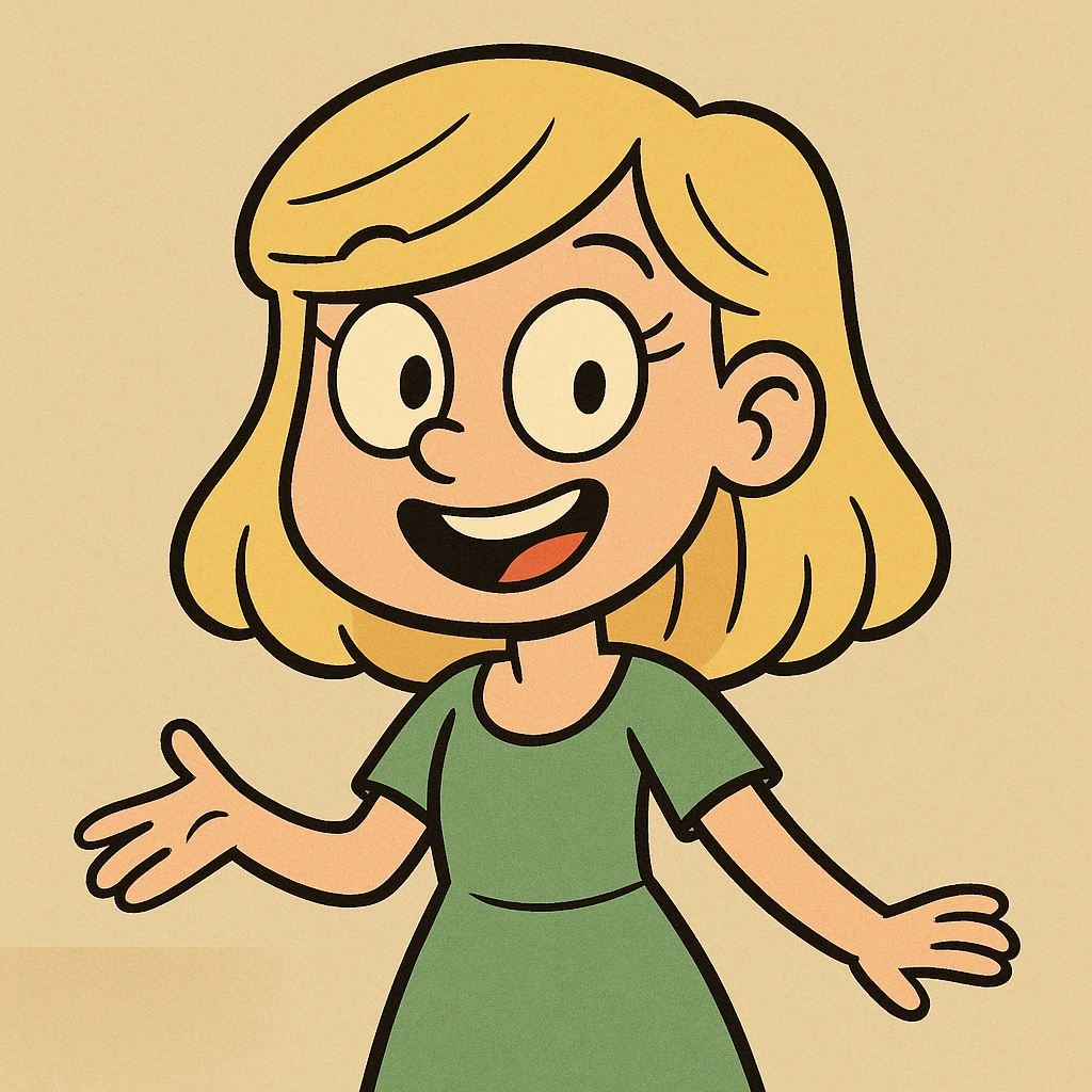 a girl wearing a green dress with blonde hair, cheerful expression, simple background emoji