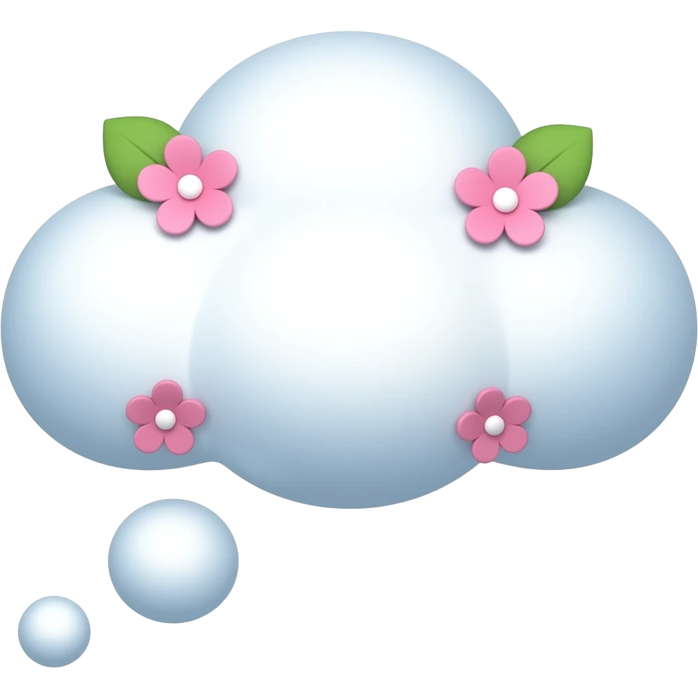 Облачко с тремя точками  типо думает мысль нежно белое с розовыми маленькими цветочками и лепестками зелёными emoji