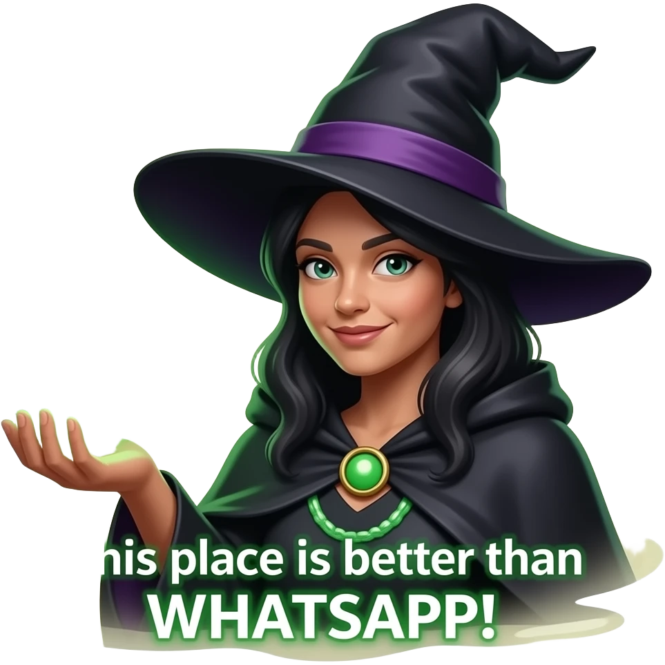 A dark sorcerer’s evil girl witch, hand holding a WhatsApp logo burning with green magical flames. A liquid creampy, text over: 'This place is better than WHATSAPP!'. Cinematic lighting, high-contrast emoji emoji